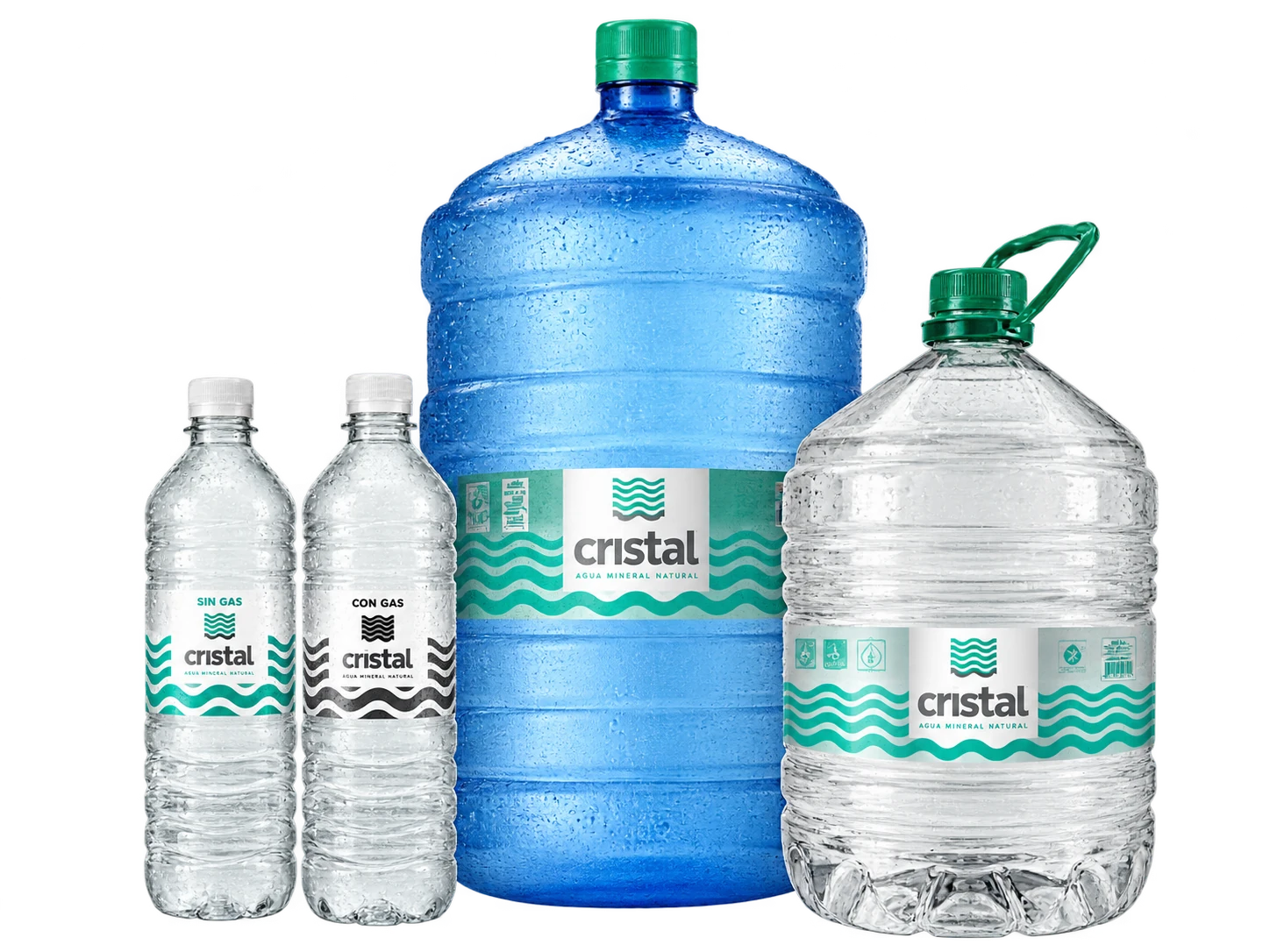 Agua Mineral Cristal: botellas sin gas y con gas, bidón azul de 20 litros y bidón transparente de 10 litros